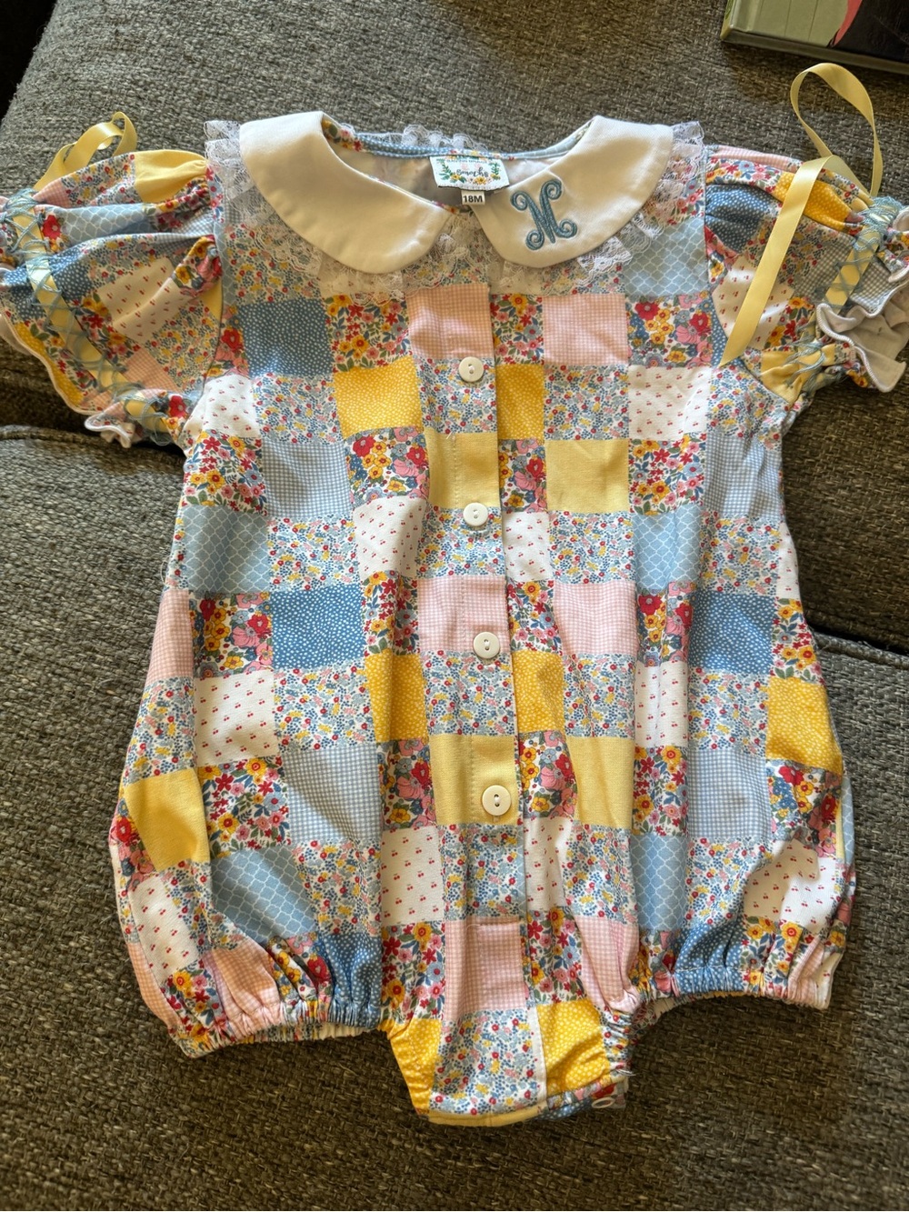 Saving Grace Smocks Patchwork Floral Monogram M Romper 18M